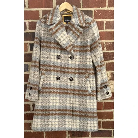 Sam Edelman Coat Womens 8 Blue Brown Plaid Double Breasted Fuzzy Long Winter - Picture 1 of 8